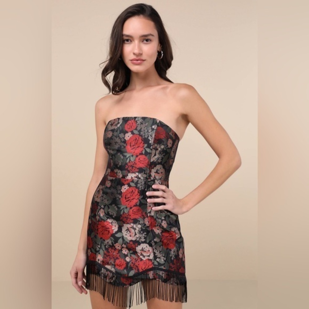 LULU’S WYLA MULTI FLORAL JACQUARD FRINGE MINI DRESS